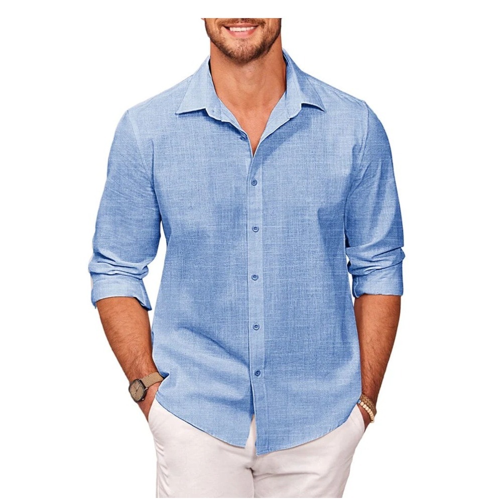 Mens Light Blue 100% Cotton Slub Texture Button Up Shirt Size XL Breathable